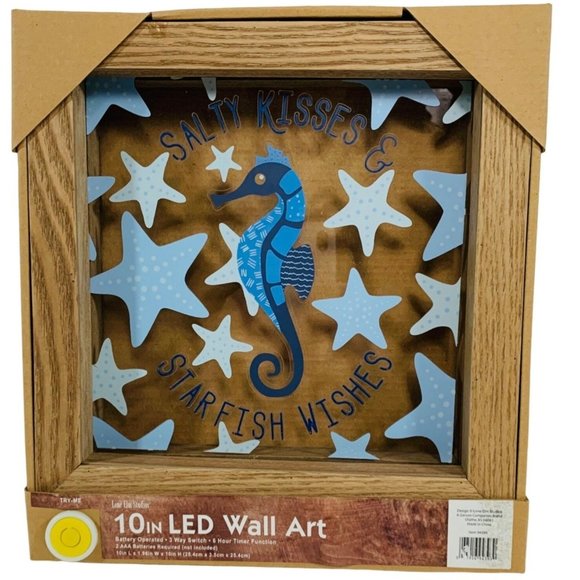 LED Glass Wall Art Salty Kisses Starfish Wishes Light Up 10 x 10 Wooden Frame - Picture 1 of 7